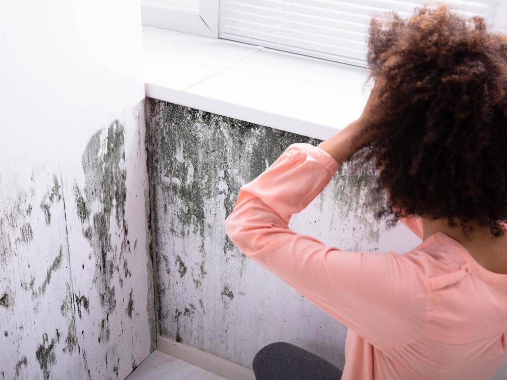 Person looking at a wall covered in heavy mold growth near a window ledge.