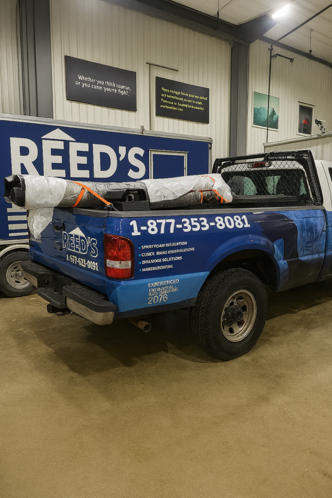 A Reed’s branded service truck parked inside a workshop, loaded with equipment and materials in the truck bed.