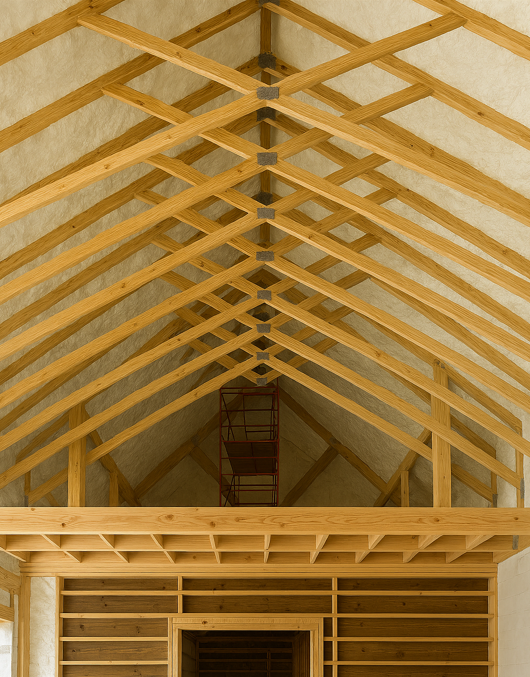 Interior view of a vaulted ceiling with exposed wooden trusses and spray foam insulation applied between the rafters.