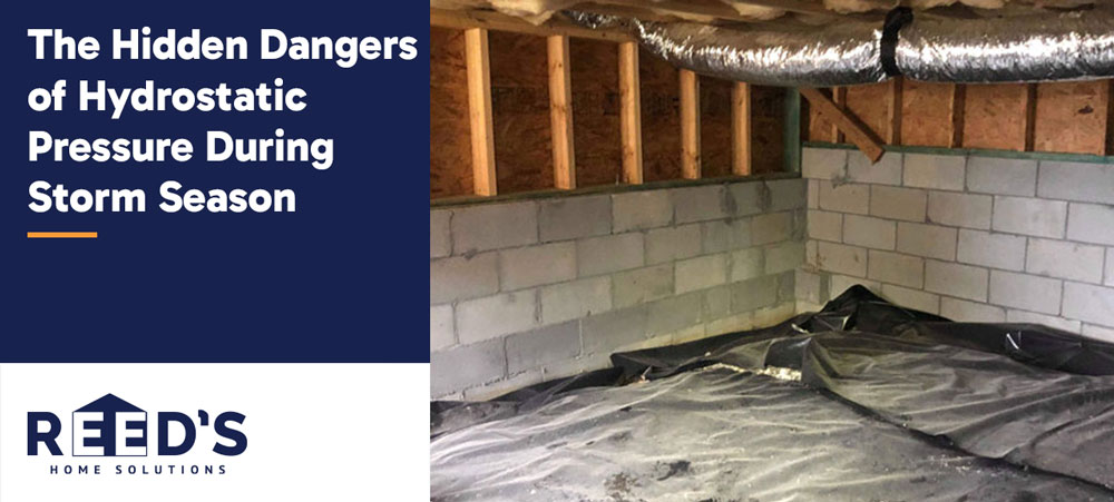 Basement showing exposed block foundation walls and moisture barrier illustrating hydrostatic pressure risks during storm season