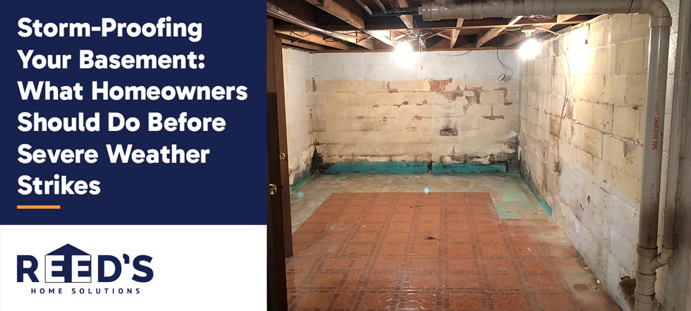 Storm‑proofed basement with exposed block walls, waterproofing barrier, and sump pump system prepared for severe weather protection