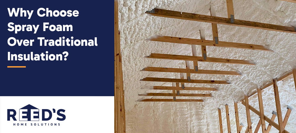 Spray foam insulation applied to attic ceiling and wall framing showing full coverage and air sealing in a residential home.