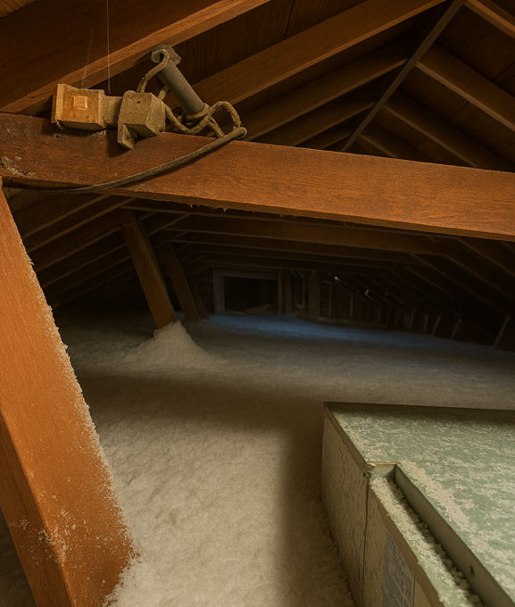 A wide, dark attic interior covered in a deep, seamless layer of white blown-in insulation surrounding exposed wooden roof trusses and an HVAC duct unit.