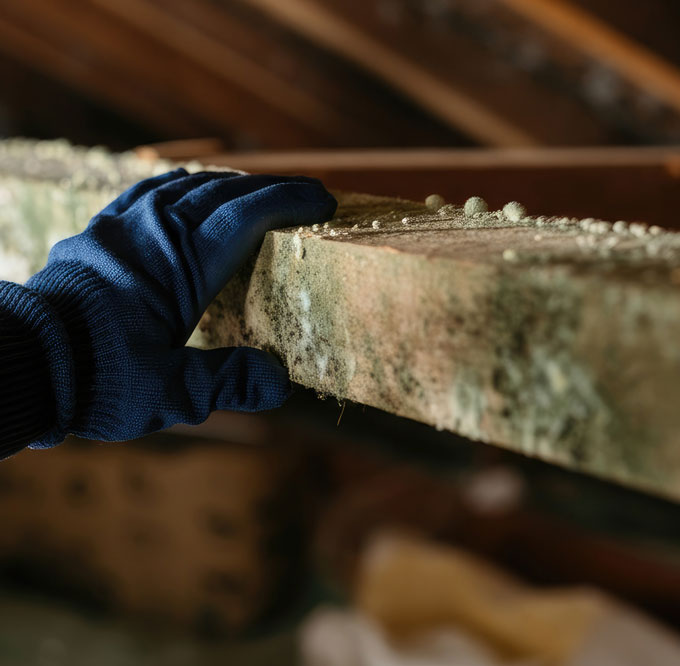 A gloved hand inspects a moldy wooden beam with green and white fungal growth inside an attic or crawl space.