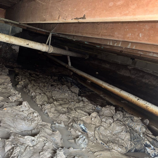 A dark crawl space floor filled with thick, churned mud and standing water beneath exposed wooden subfloor joists and PVC drainage pipes.
