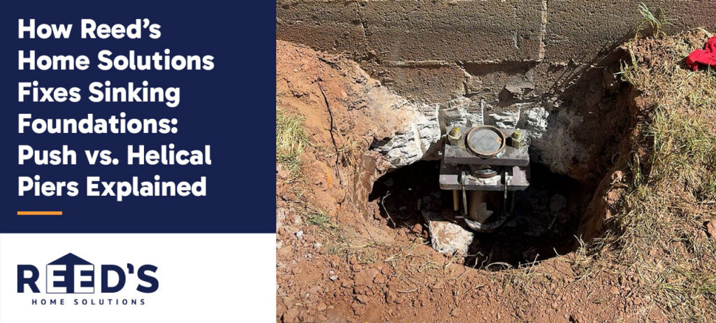 Foundation repair pier installed beneath a home's footing during excavation work, demonstrating how push piers or helical piers are used to stabilize and lift sinking foundations.