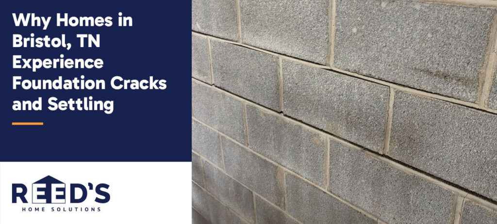 Concrete block foundation wall with a long horizontal crack running through multiple blocks, illustrating foundation movement and settlement issues commonly found in Bristol, Tennessee homes.
