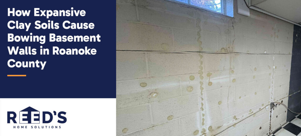 Bowing concrete block basement wall in a Roanoke County home showing horizontal cracking and signs of structural pressure from expansive clay soil.