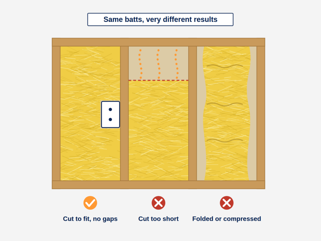 Three wall cavities comparing a batt cut to fit, a batt cut too short and a batt folded or compressed