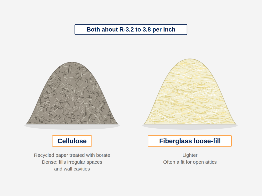 Mounds of cellulose and fiberglass loose-fill insulation side by side