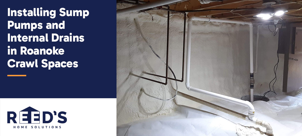 Encapsulated crawl space in a Roanoke, VA home featuring a sump pump discharge line and interior drainage system designed to manage groundwater and moisture.