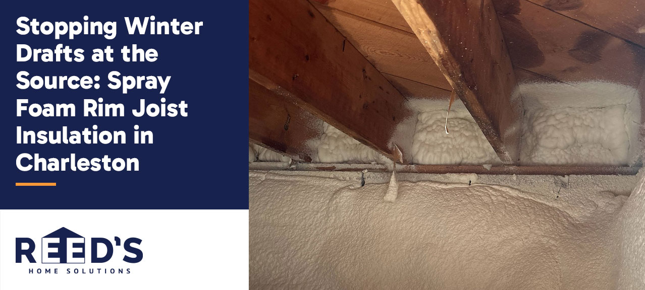 Spray foam insulation applied along rim joists and foundation walls in a crawl space, creating an air seal to reduce winter drafts and improve energy efficiency in a Charleston, West Virginia home.